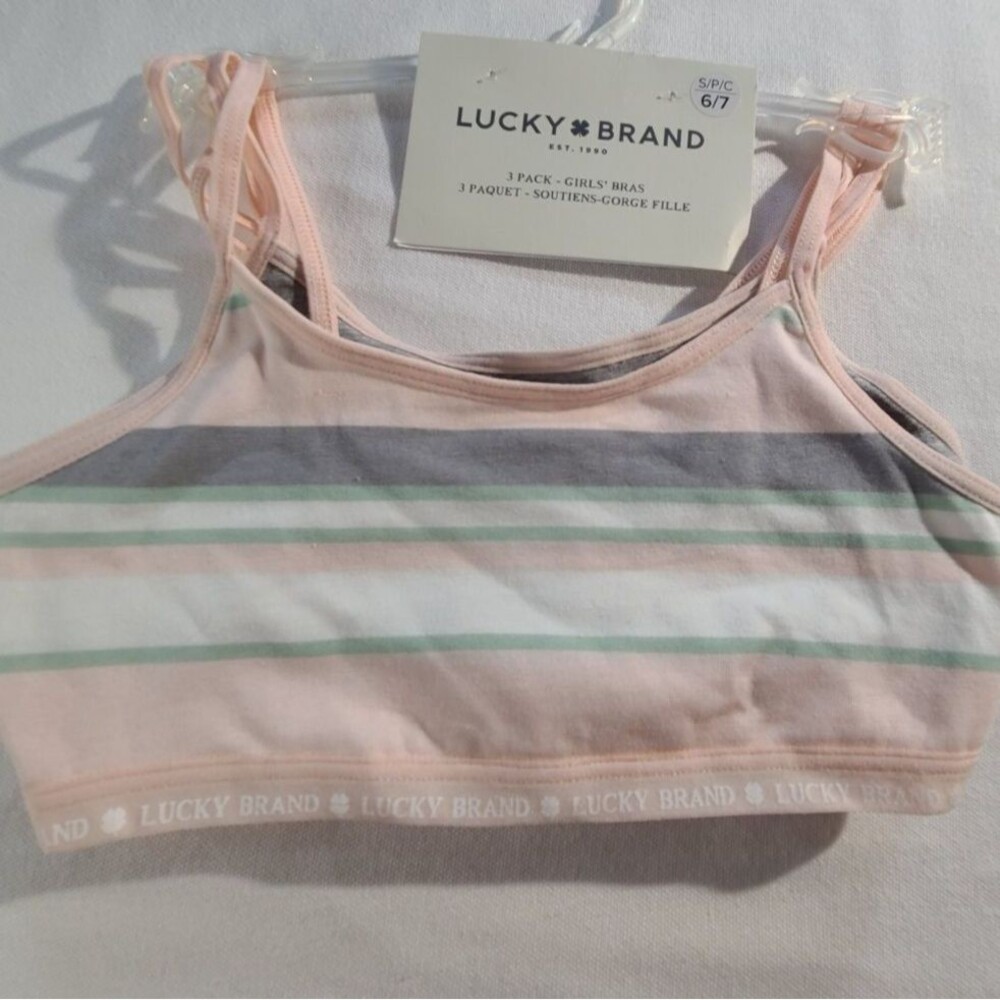 NWT Lucky Brand Girls Bralette 3 Pack S 6/7 Pink Gray Stripe Soft Stretch Bras